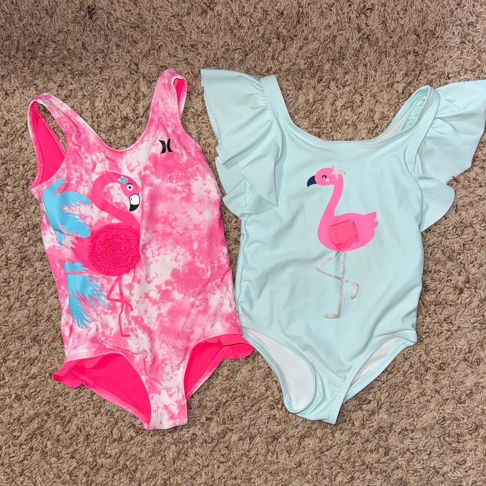4t girls bundle of 2 flamingo one-piece swimsuits. Hurley and Carter’s.